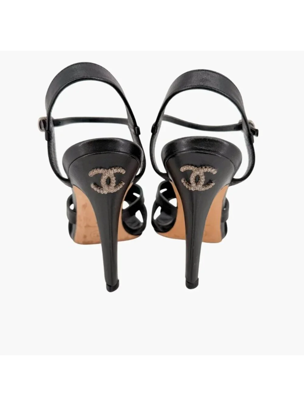 Chanel Black Leather Crystal CC Strappy Heeled Sandals Shoes Size 37 US 6–6.5